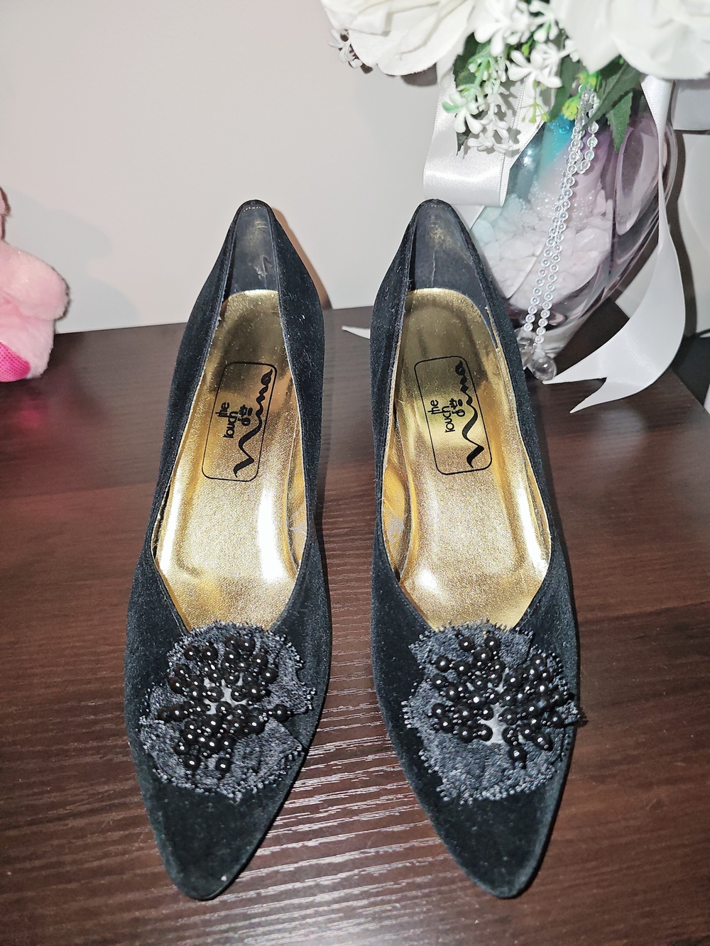 Black Pointed Toe Velvet Pumps with Beaded Floral Accent